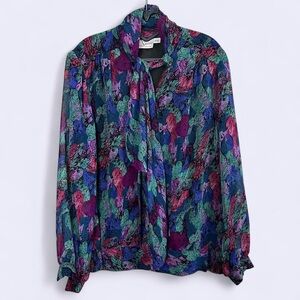 Sasia vintage purple and blue abstract pattern bow blouse